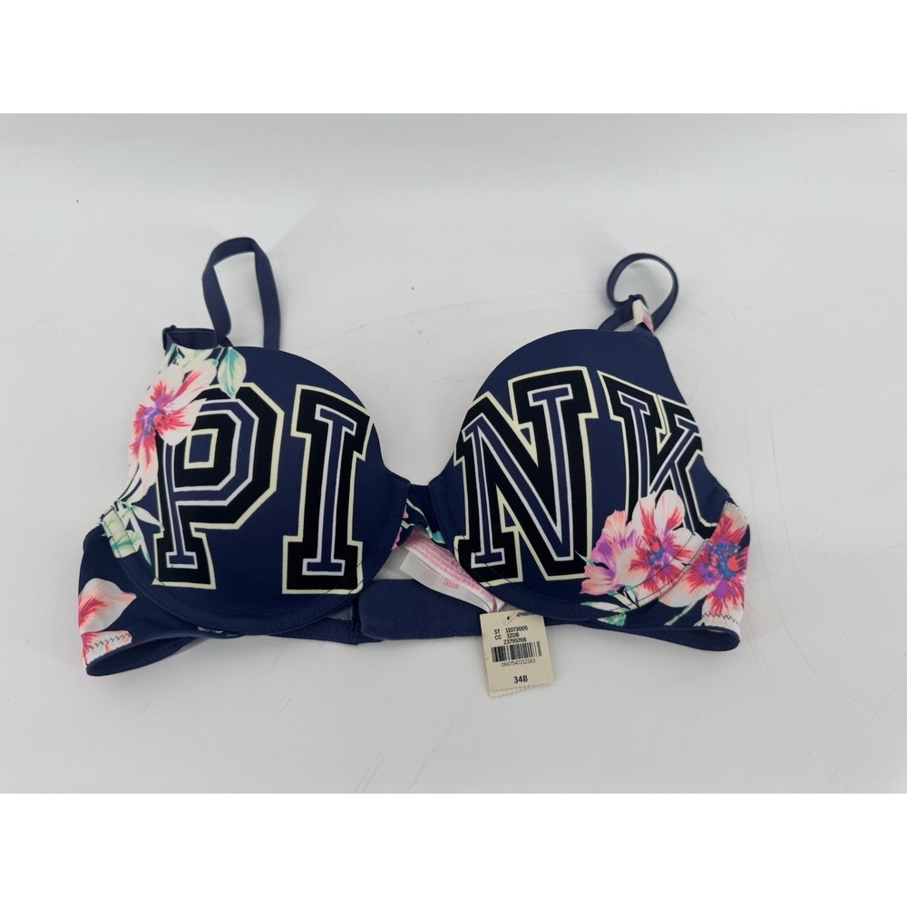 PINK Victorias Secret 34B Tshirt Lightly Lined Bra Blue Black Tropical NEW